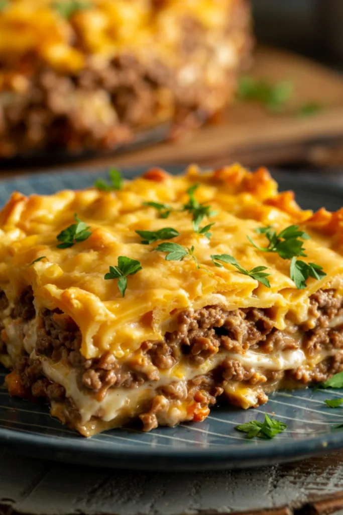 Beef Breakfast Casserole served in a dish with melted cheese