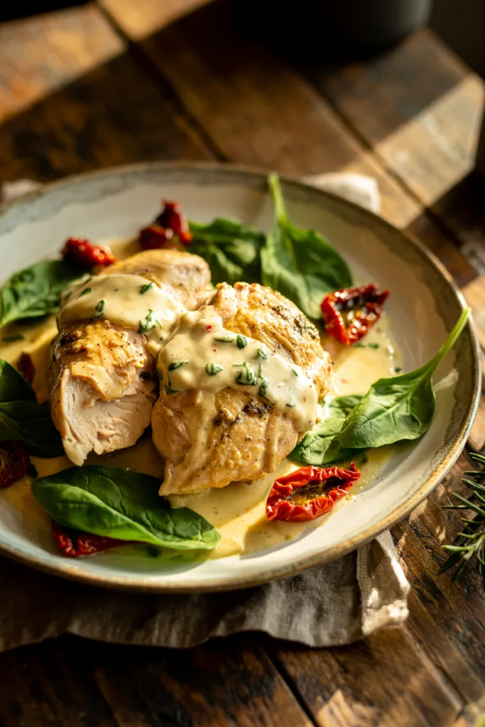 Creamy Tuscan chicken cutlets in a garlic and Parmesan cream sauce with baby spinach and sun-dried tomatoes