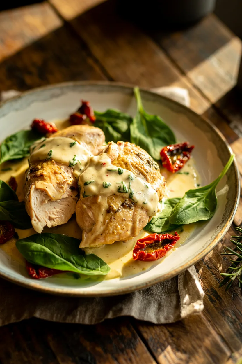 Creamy Tuscan chicken cutlets in a garlic and Parmesan cream sauce with baby spinach and sun-dried tomatoes