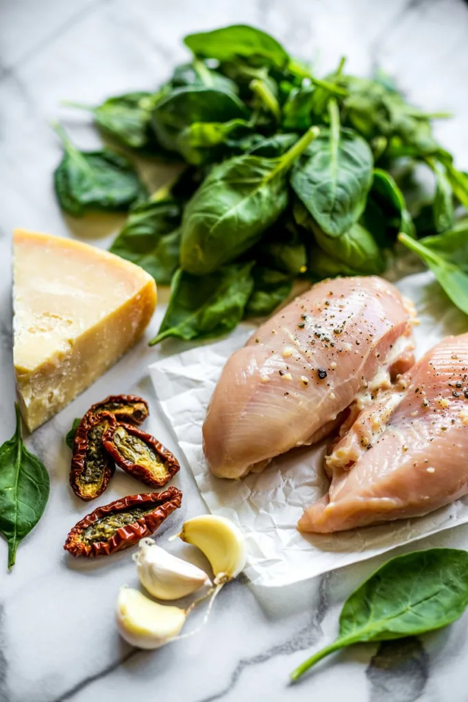 Sliced Tuscan chicken cutlet coated in creamy Parmesan sauce with wilted spinach and sun-dried tomato strips