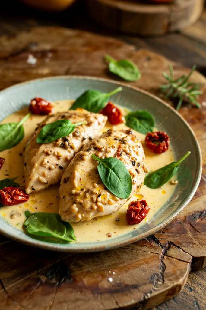 Tuscan cream sauce with spinach and sun-dried tomatoes simmering in a skillet before the chicken goes back in