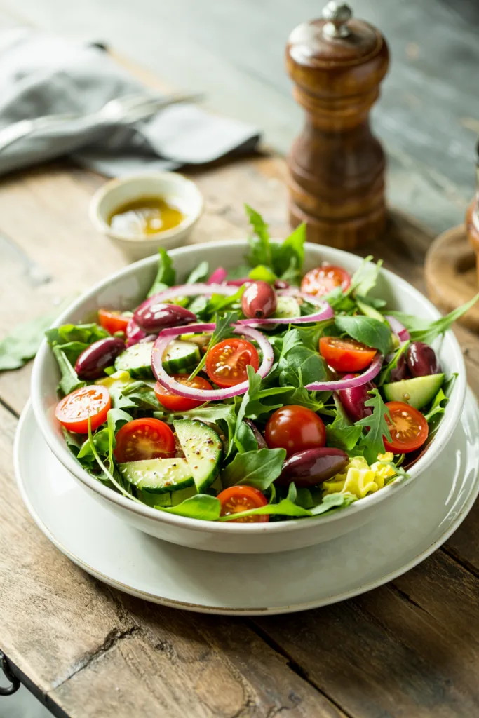 Fresh and vibrant Greek salad with feta, tomatoes, cucumbers, and olives