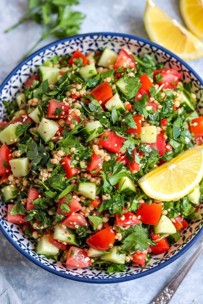 Refreshing tabouli salad with bulgur wheat, fresh herbs, tomatoes, and cucumber