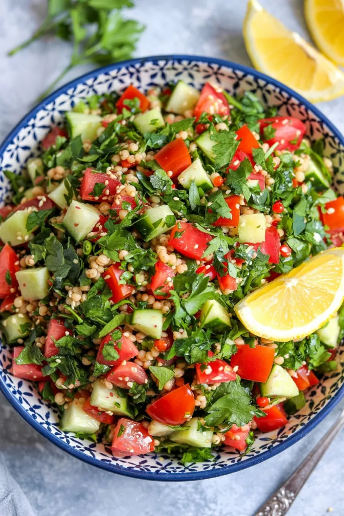 Refreshing tabouli salad with bulgur wheat, fresh herbs, tomatoes, and cucumber