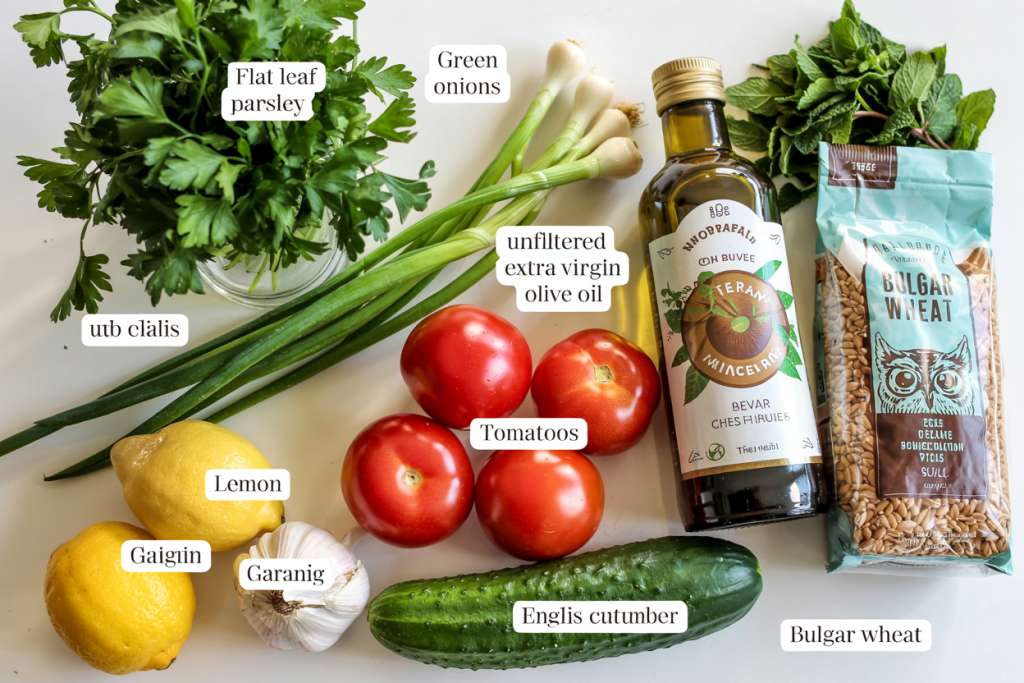 Ingredients for tabouli salad including bulgur wheat, parsley, mint, tomatoes, and cucumber