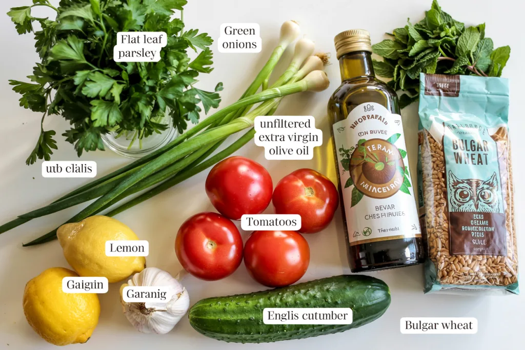 Ingredients for tabouli salad including bulgur wheat, parsley, mint, tomatoes, and cucumber