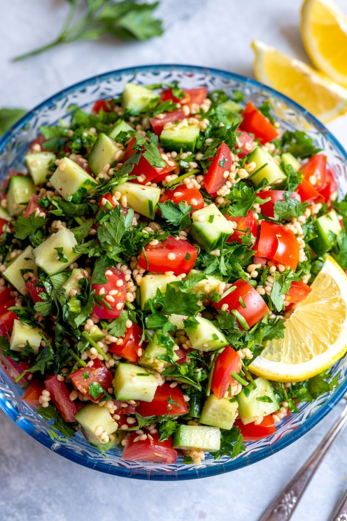 Tabouli salad served in a bowl with fresh herbs and a lemon dressing