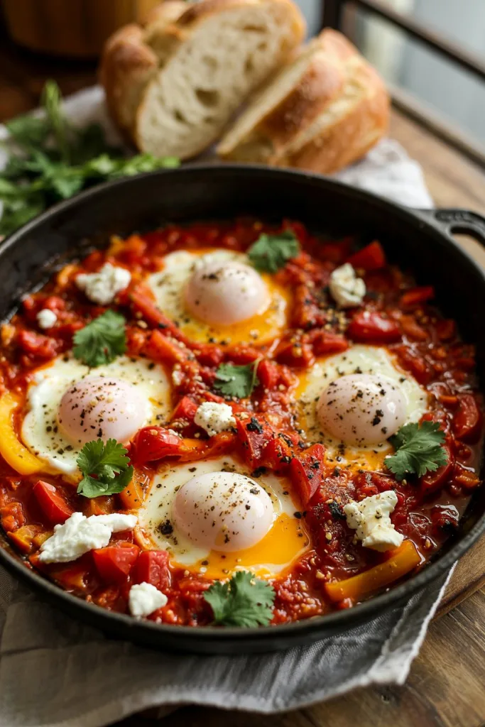 Serving shakshuka with crusty bread and a lemon wedge