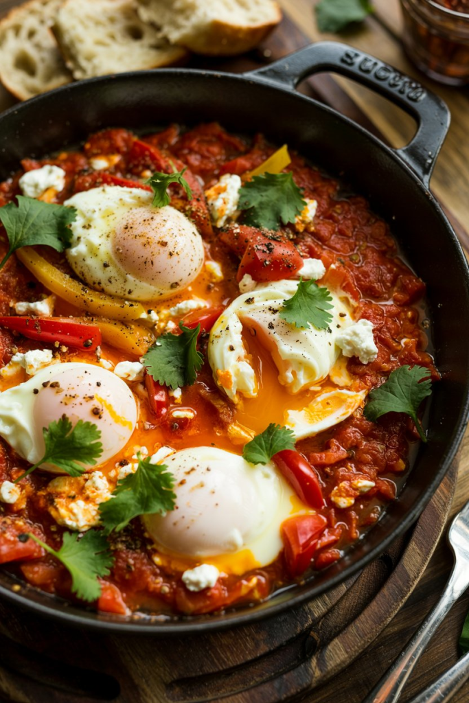 Shakshuka with eggs, tomatoes, peppers, and spices in a skillet, garnished with parsley and feta.