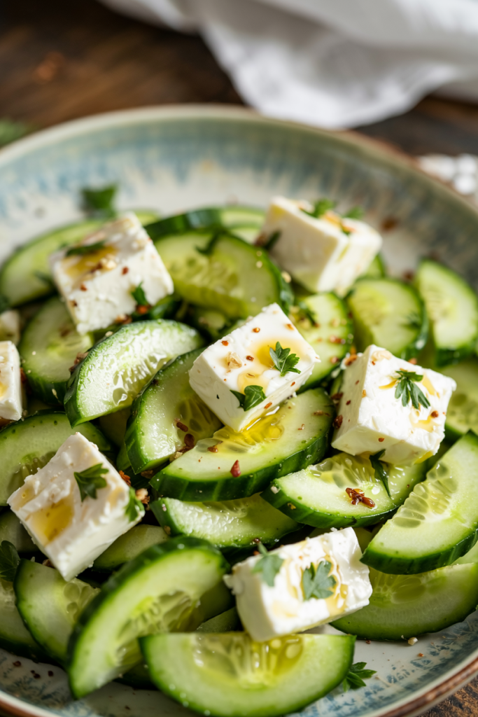 Fresh and colorful cucumber feta salad with red onions, feta cheese, and fresh herbs