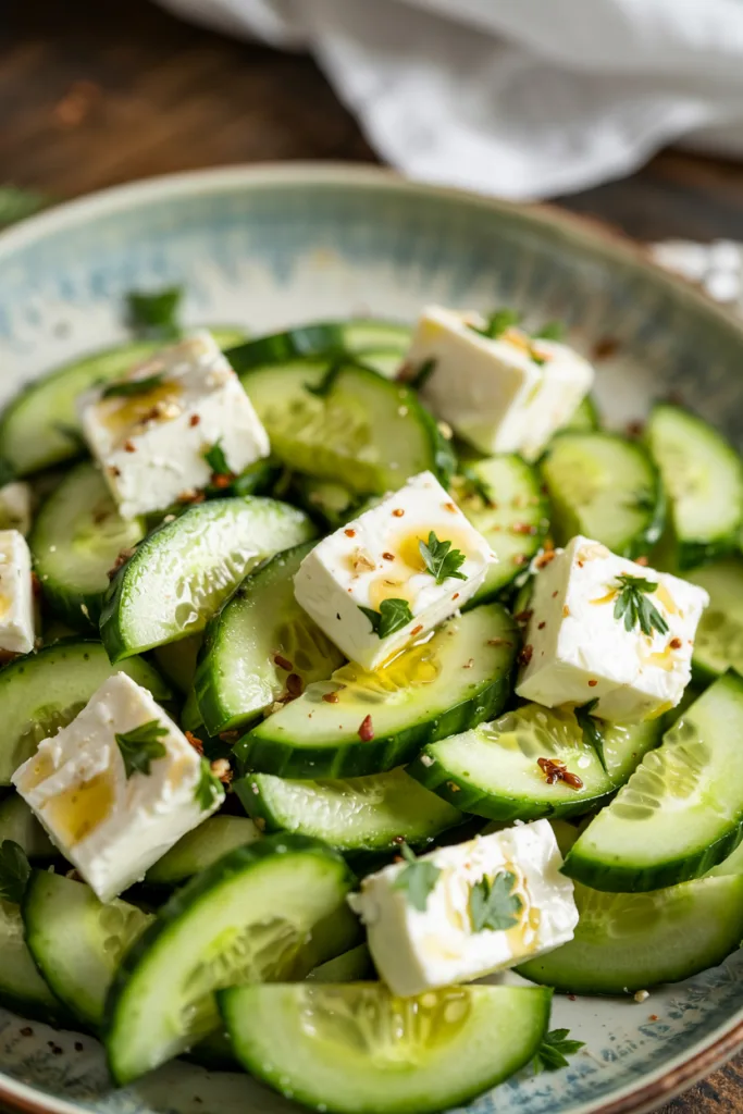 Fresh and colorful cucumber feta salad with red onions, feta cheese, and fresh herbs