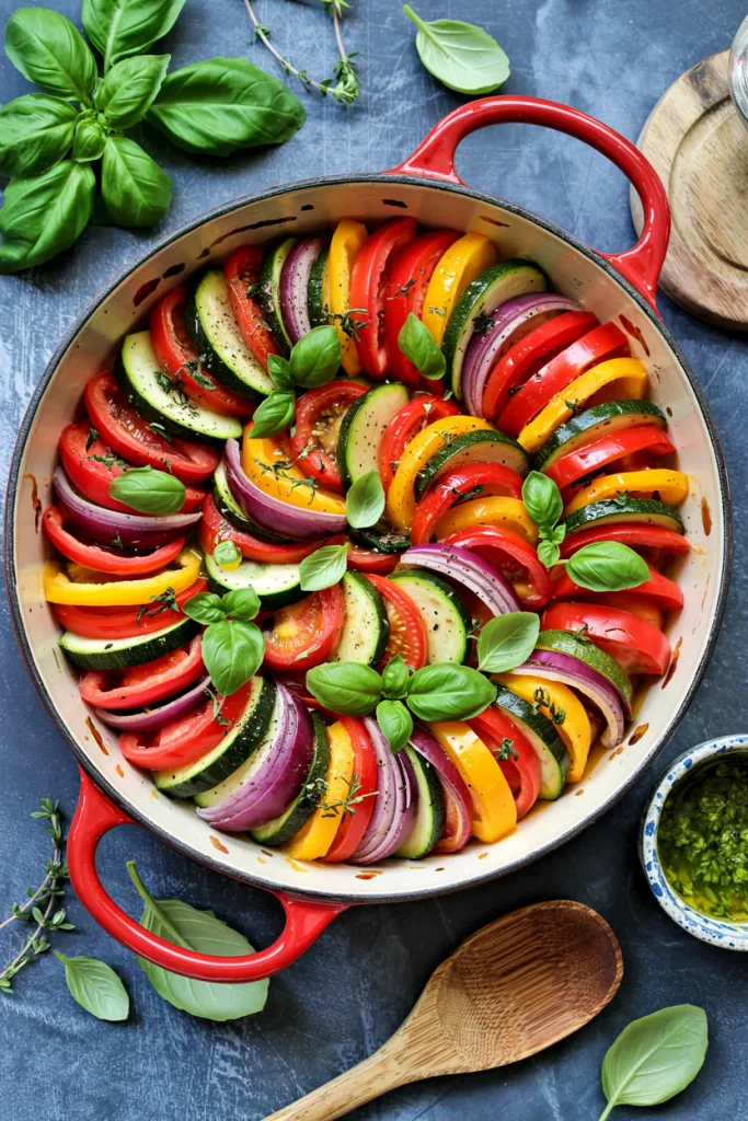 Traditional French ratatouille arranged in a spiral pattern