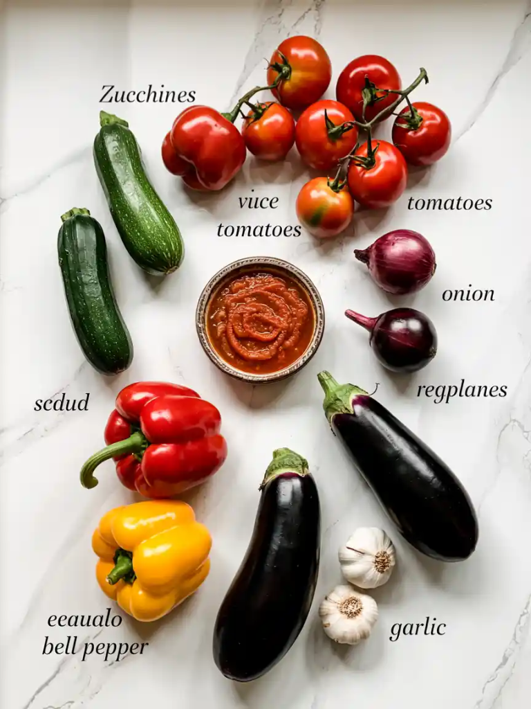 Fresh vegetables for ratatouille including zucchini, eggplant, and bell peppers