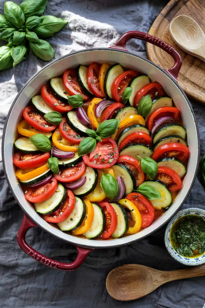 Traditional French ratatouille served with crusty sourdough bread