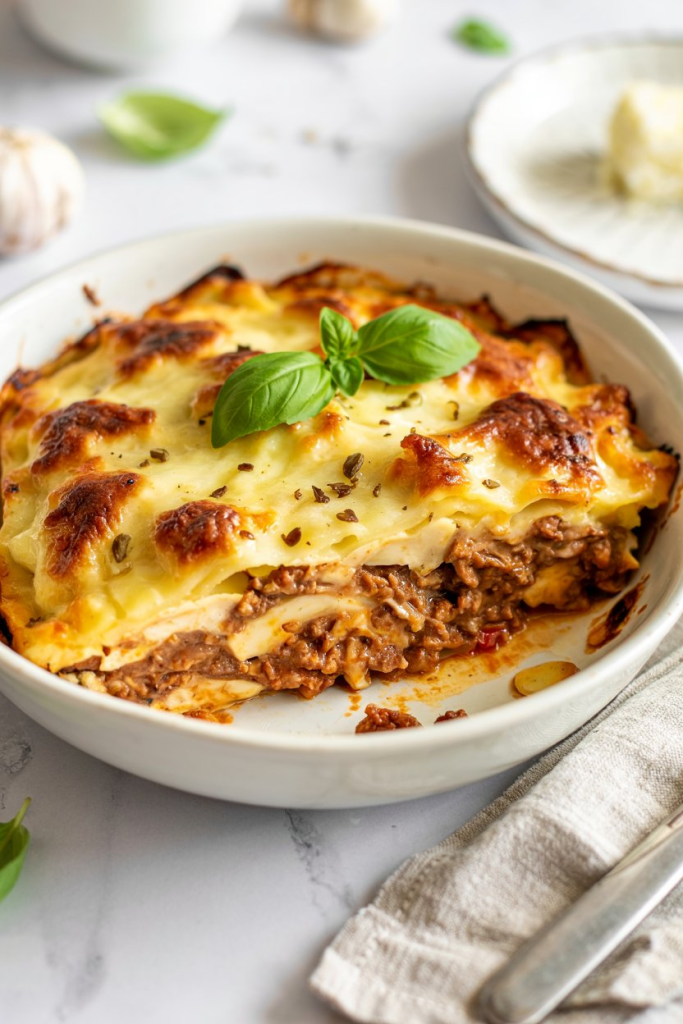 Close-up of layers of eggplant, lamb, and creamy yogurt topping in Cheat's Moussaka