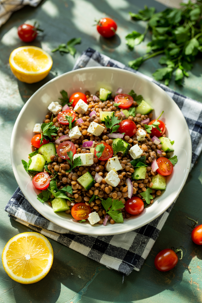 Close-up of Greek Lentil Salad with lemon dressing