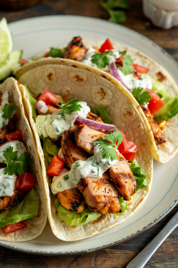 Greek Chicken Gyros served with fresh veggies and tzatziki sauce