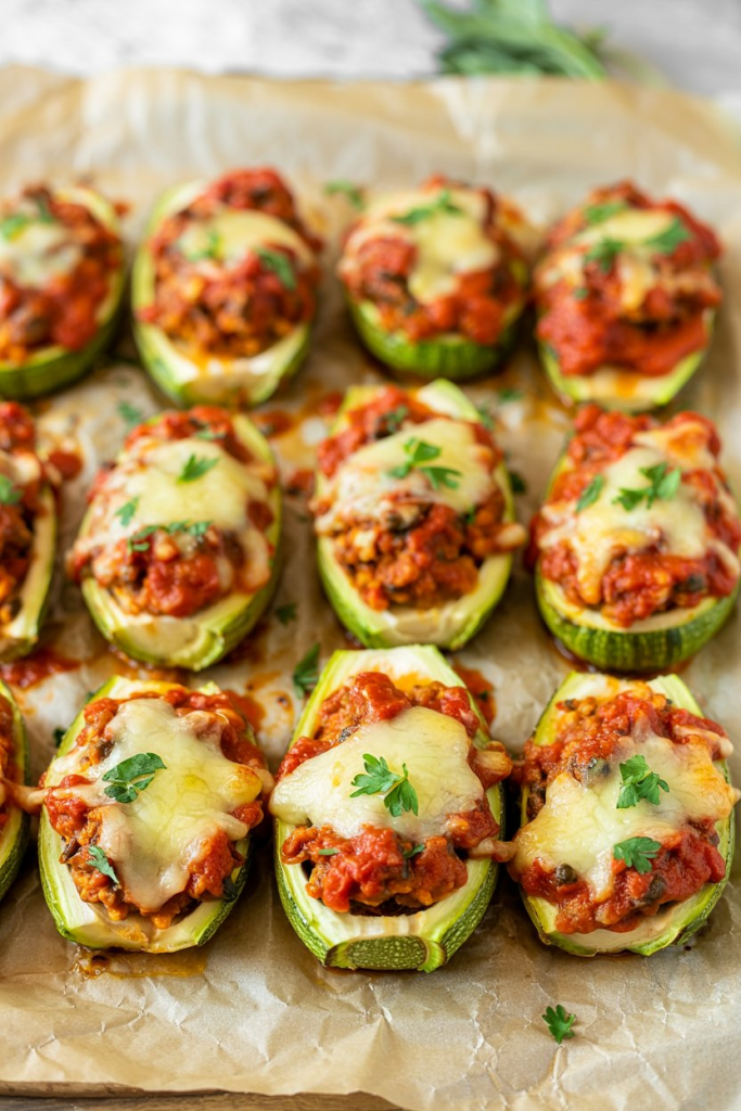 Ground Beef Stuffed Zucchini Boats fresh from the oven