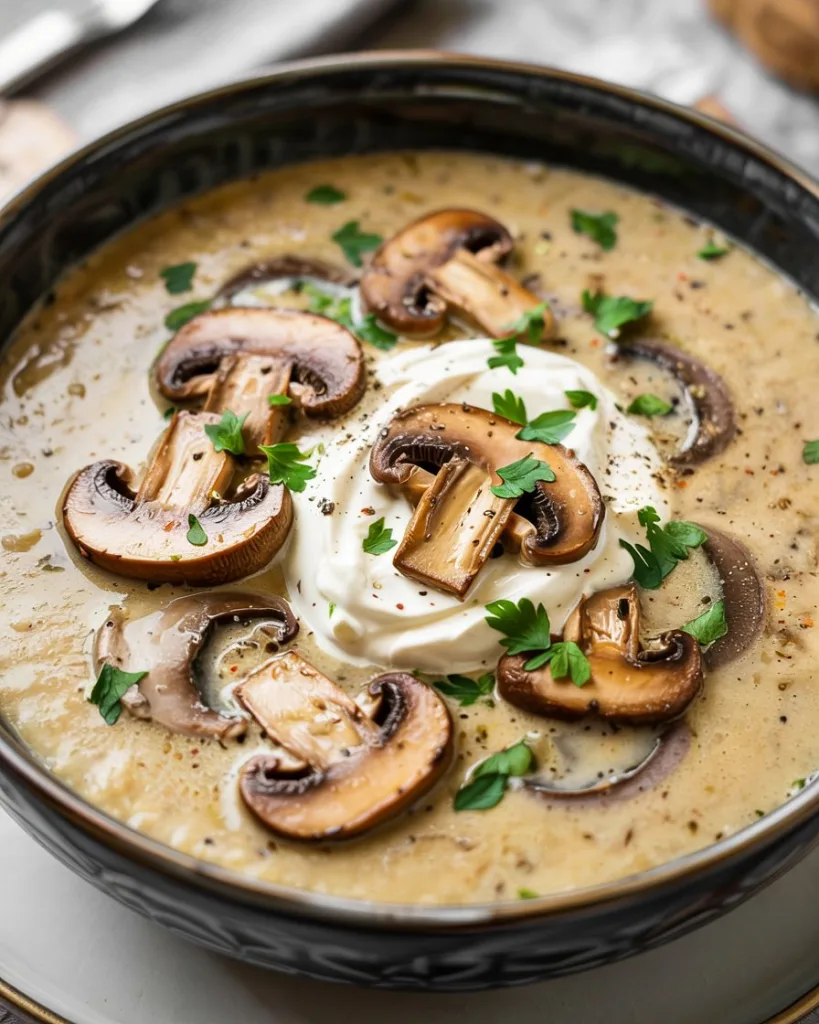 Close-up of creamy mushroom soup with chunks of mushroom and a drizzle of cream