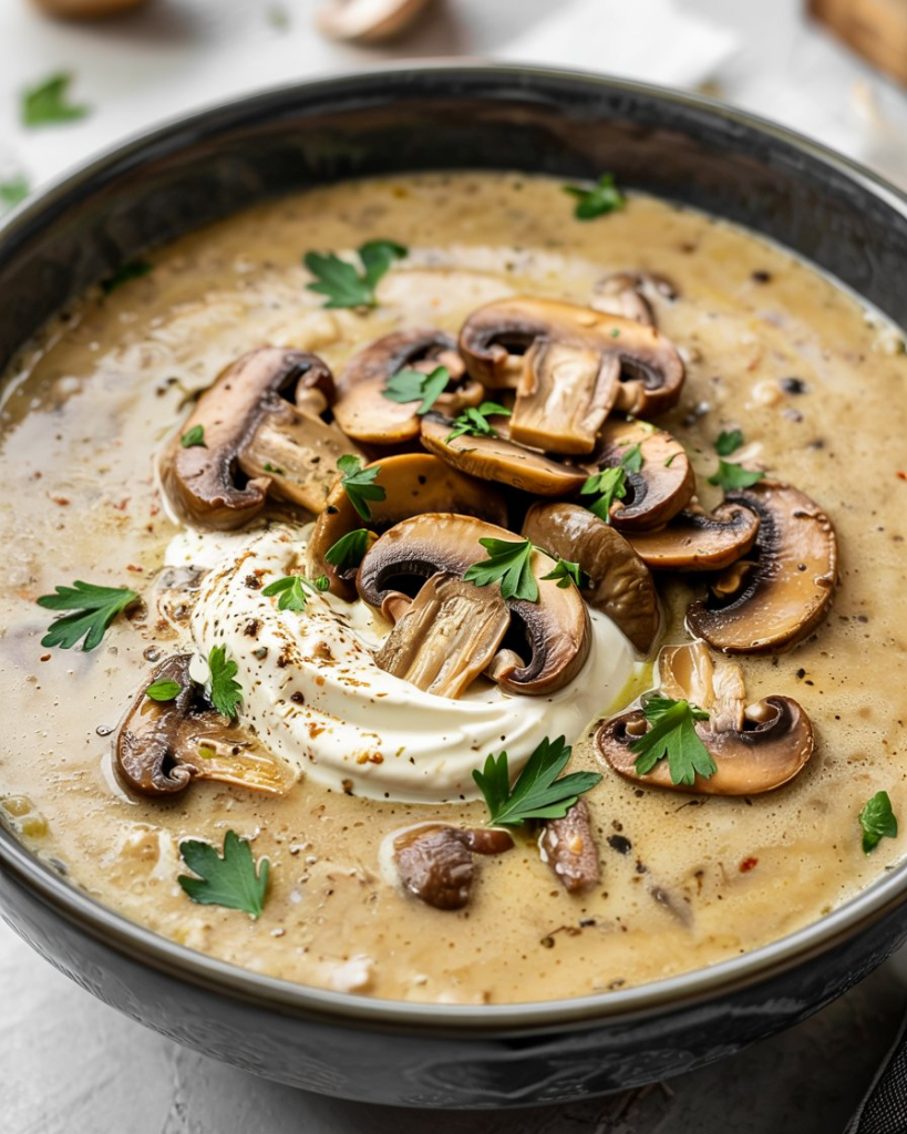 A bowl of creamy mushroom soup garnished with parsley
