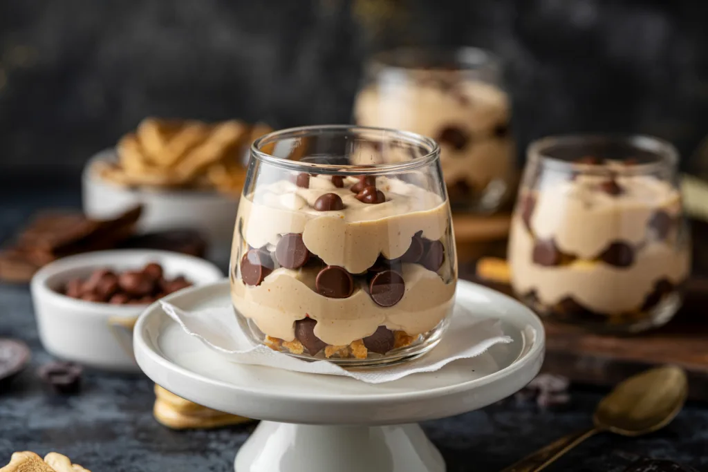 Close-up of Keto Peanut Butter Mousse topped with Lily's chocolate chips