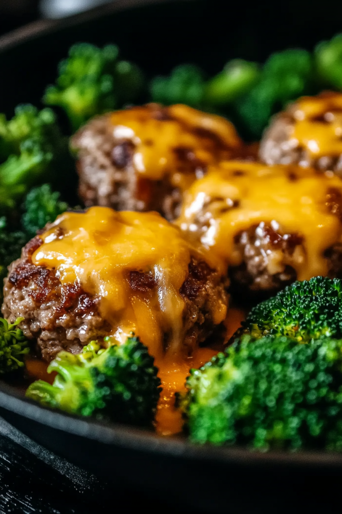 A close-up of the finished Keto Hamburger and Broccoli Skillet in a cast-iron pan, showing the browned meat, bright green broccoli, and melted cheese on top