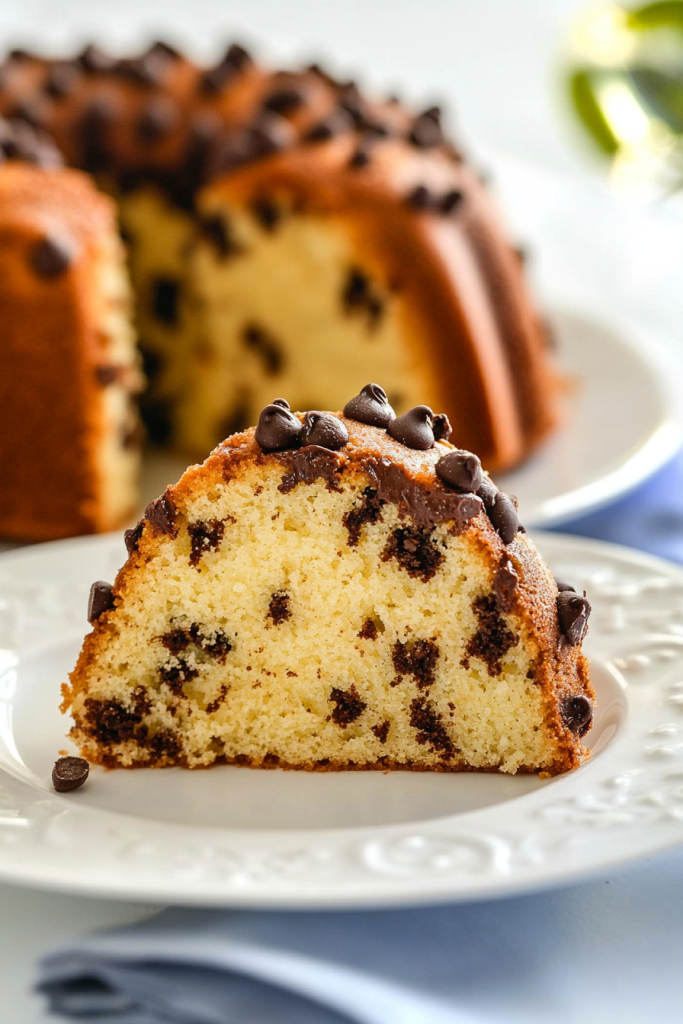 Low-carb keto chocolate chip bundt cake sliced on a plate