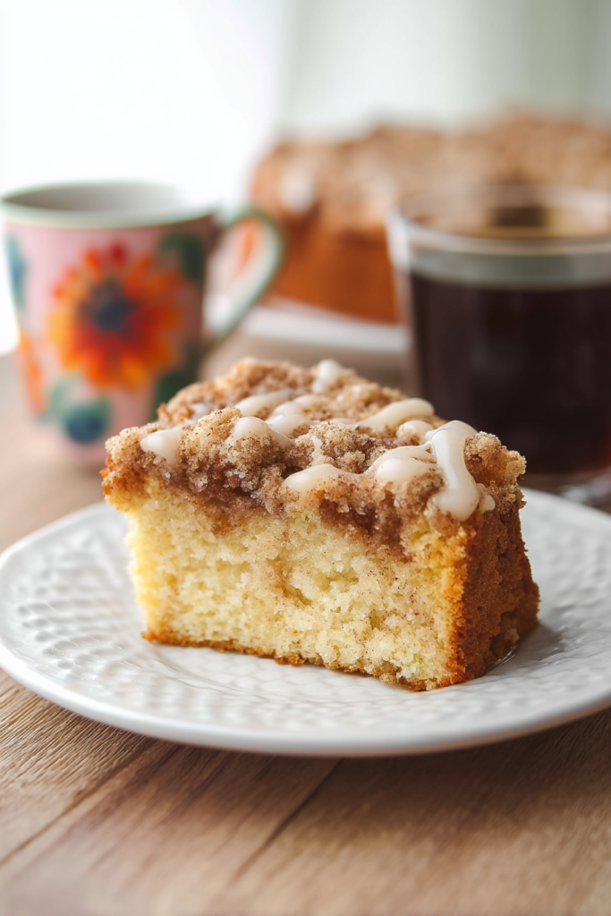 Freshly baked keto coffee cake with golden crust and ripe peaches