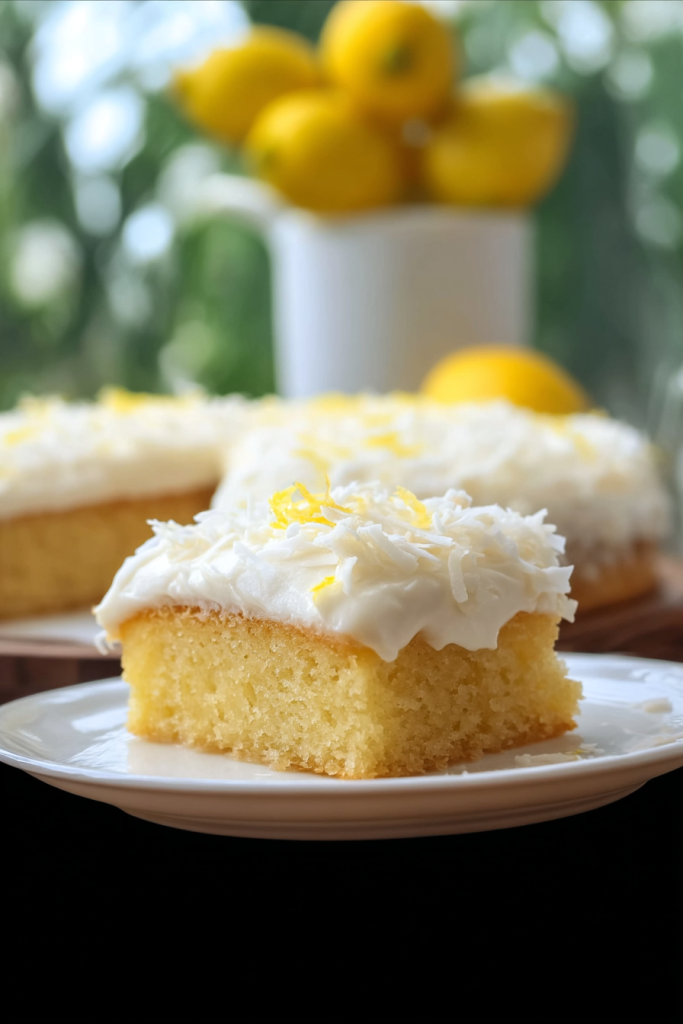Moist keto lemon cake topped with coconut frosting and lemon zest