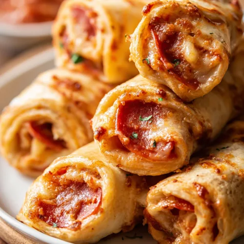 Turkey pepperoni pizza roll-ups served warm and whole with a bowl of warmed marinara for dipping