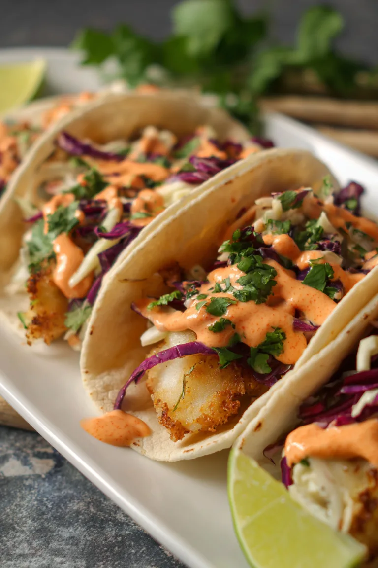Fish Tacos with Cilantro Slaw & Sriracha Mayo Recipe