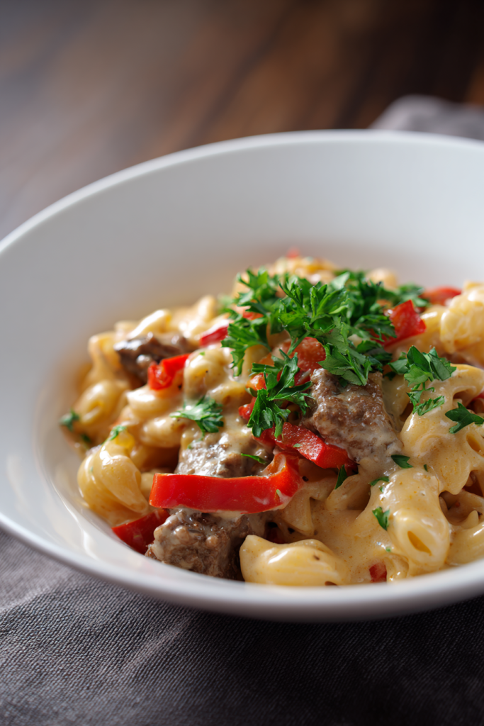 Creamy Philly Cheesesteak Mac and Cheese