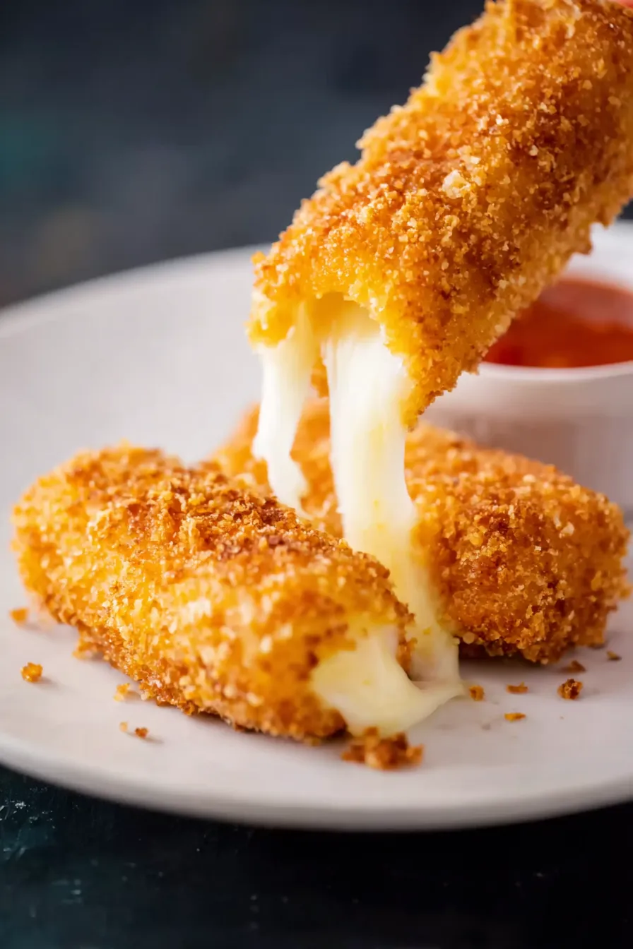 A hand pulling apart a crispy keto mozzarella stick with a long cheese pull