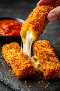 Air fryer keto mozzarella sticks pulled apart showing the melted centre