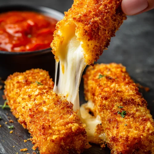 Air fryer keto mozzarella sticks pulled apart showing the melted centre