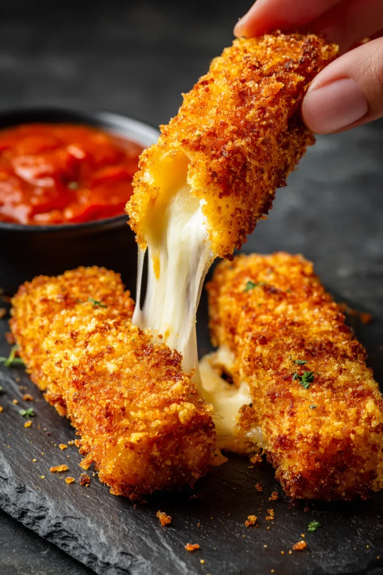 Air fryer keto mozzarella sticks pulled apart showing the melted centre