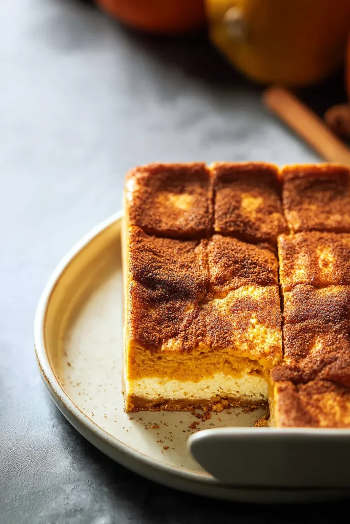 Low carb pumpkin cheesecake bar with a cinnamon sugar top