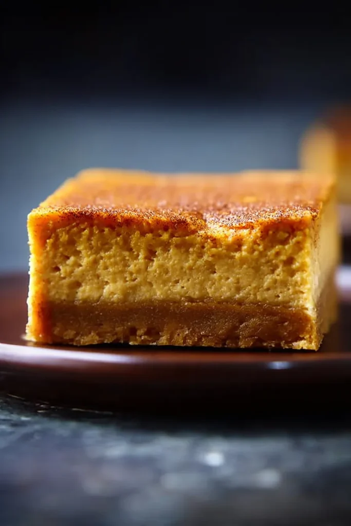 Keto pumpkin cheesecake bar on its side showing the almond crust and pumpkin layer