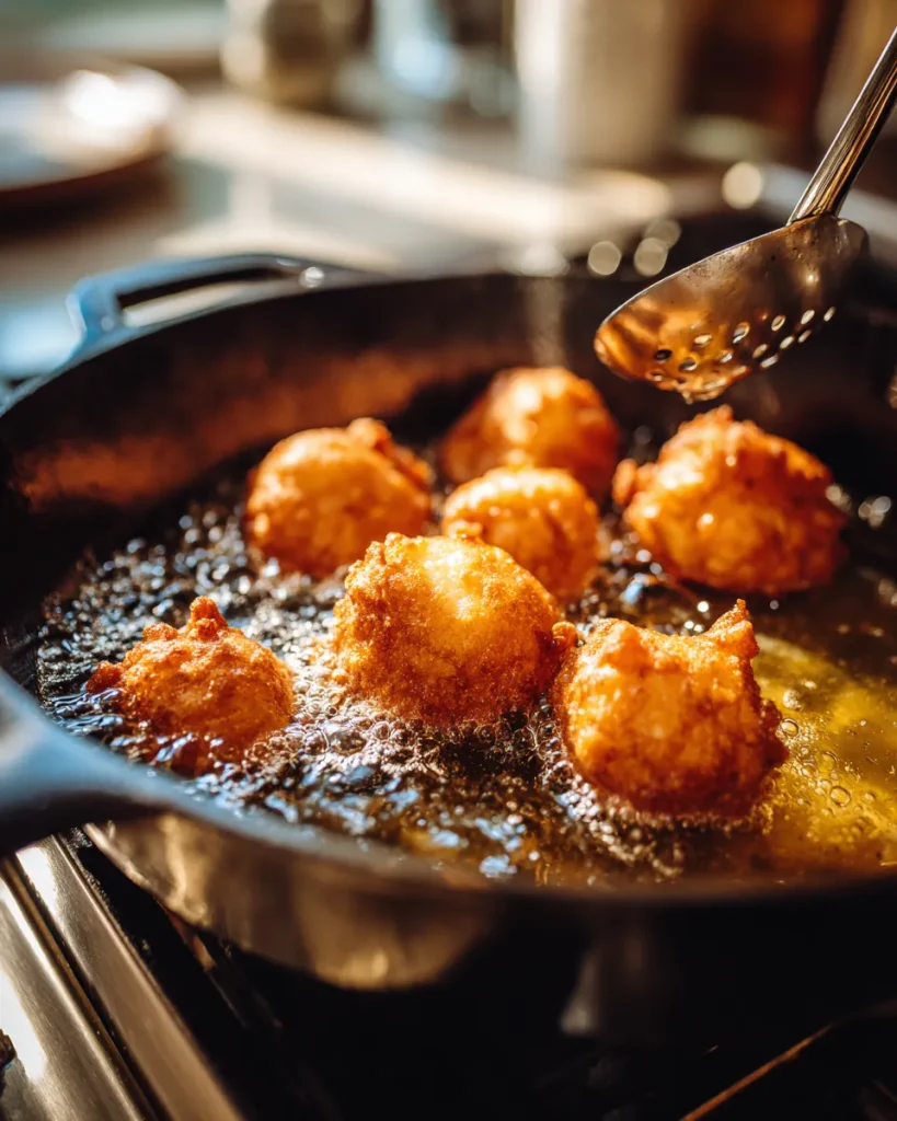 Keto apple fritters frying in shallow oil in a cast iron skillet