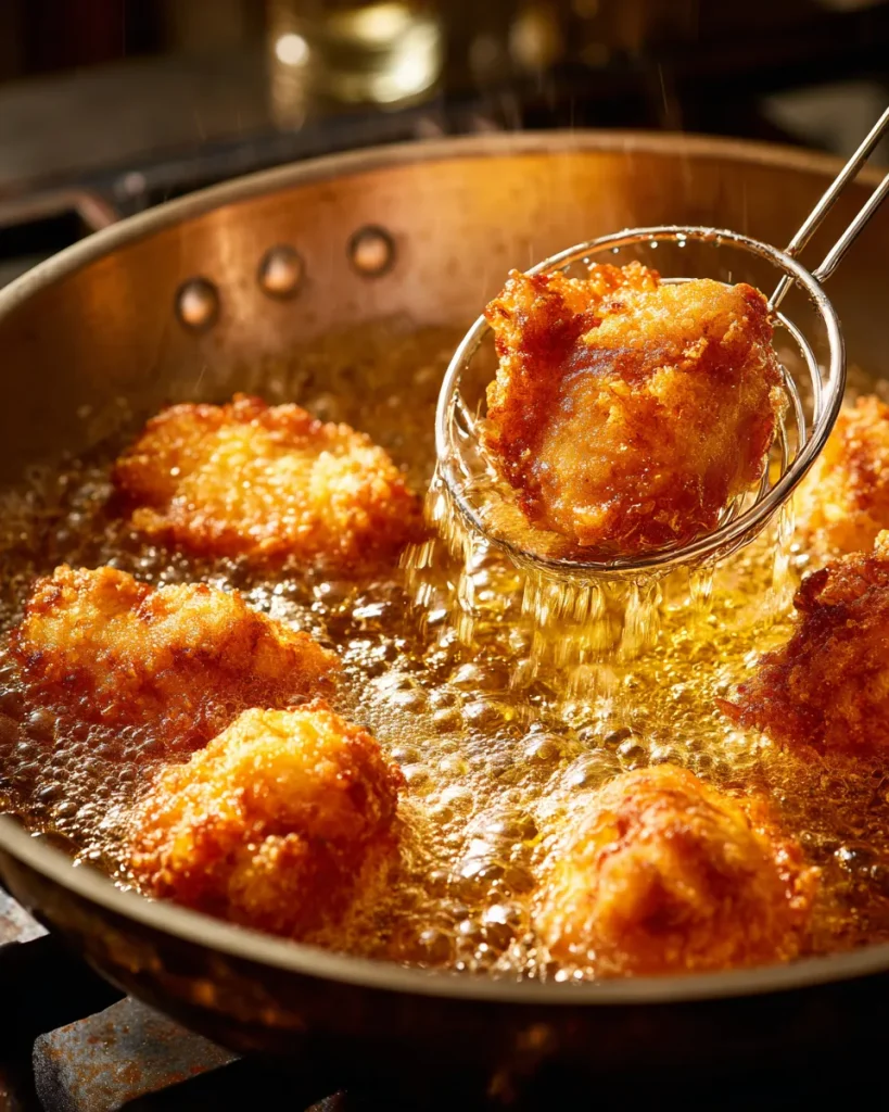 Battered chicken pieces frying in shallow golden oil for keto orange chicken