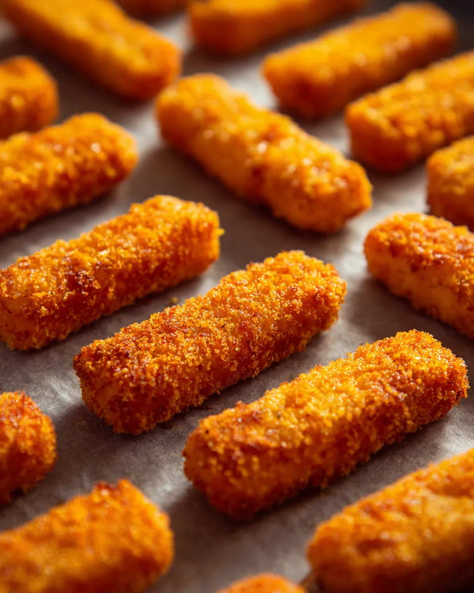 Breaded keto mozzarella sticks arranged in rows on a tray before freezing