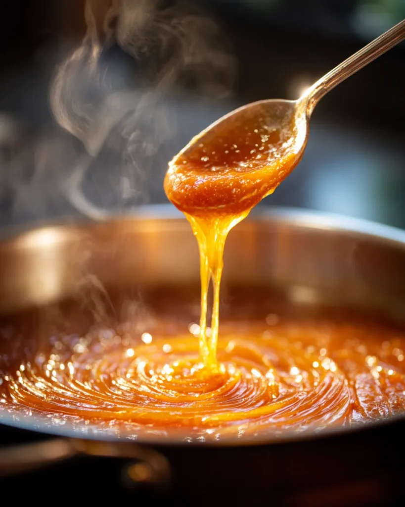 Close-up of thick glossy keto orange sauce being whisked in a pan