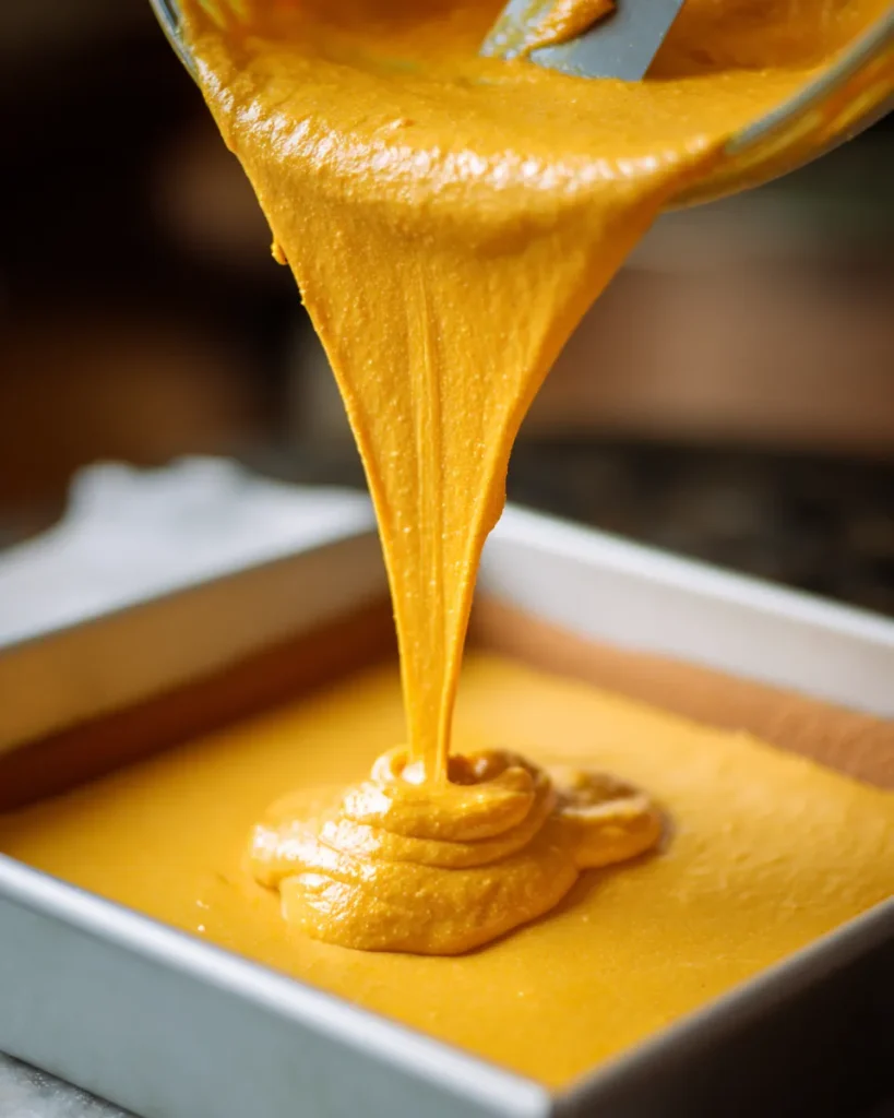 Pouring creamy pumpkin cheesecake batter over a baked almond flour crust
