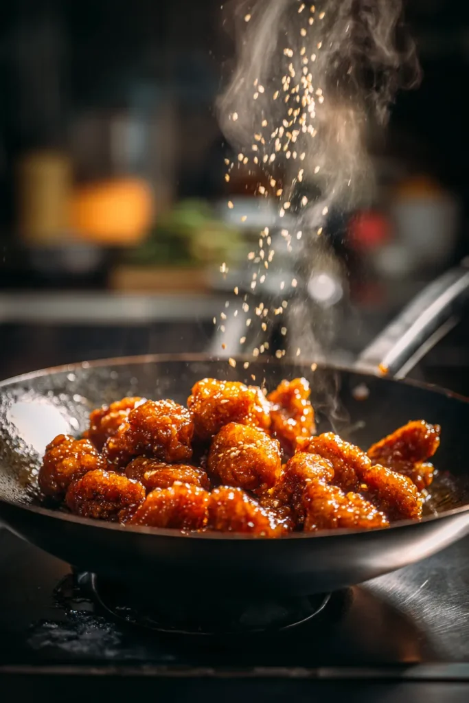 Crispy fried chicken being tossed in glossy keto orange sauce