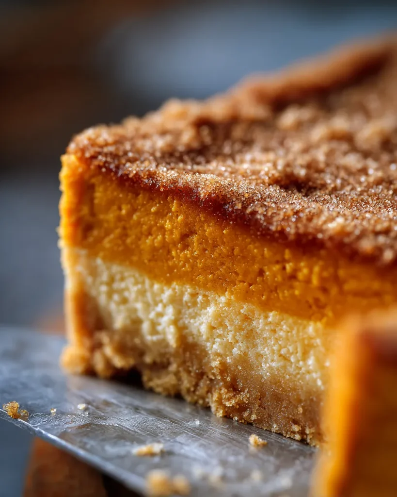 Close-up of the freshly cut edge of a keto pumpkin cheesecake bar