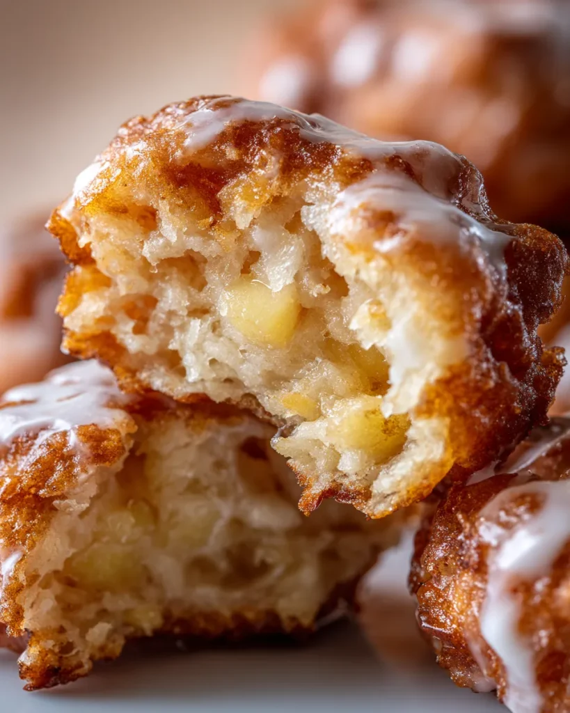 Close-up of a keto apple fritter torn in half showing pieces of apple