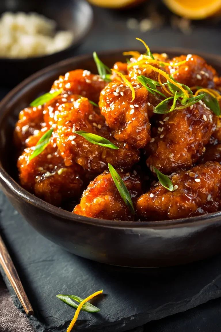 Glossy keto orange chicken piled in a dark ceramic bowl with sesame seeds