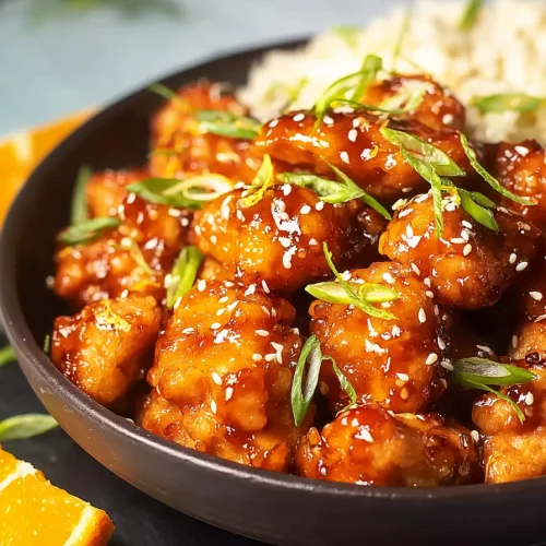 Low carb orange chicken served in a dark bowl with green onion