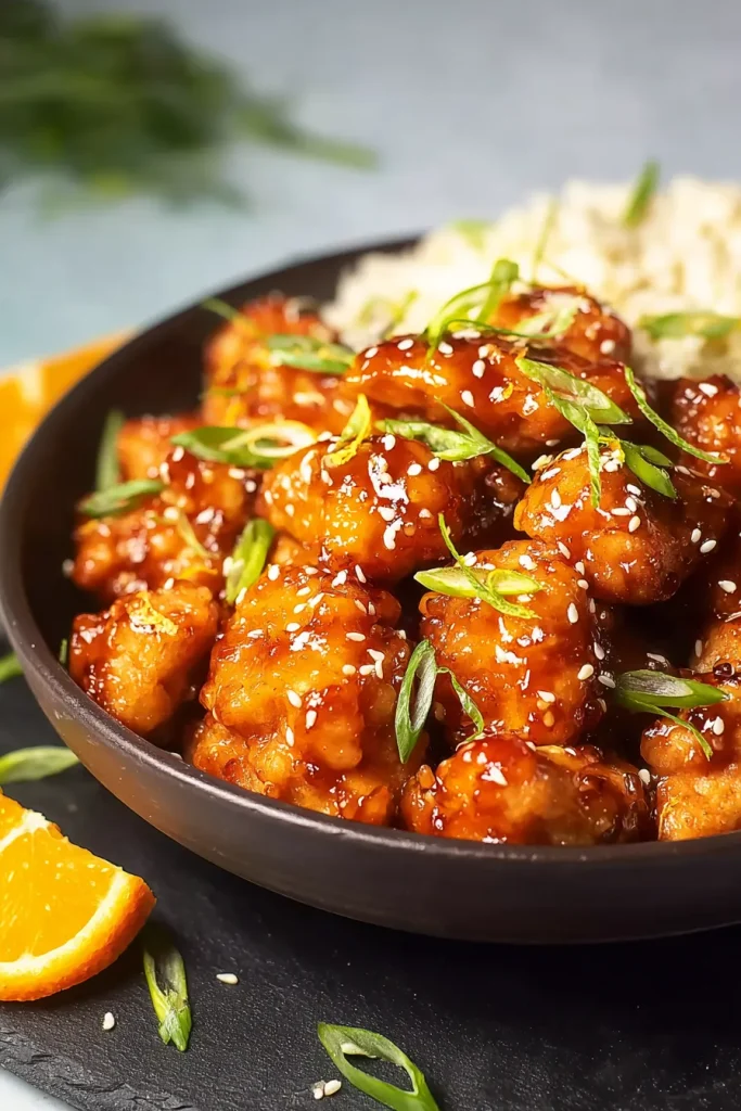 Low carb orange chicken served in a dark bowl with green onion