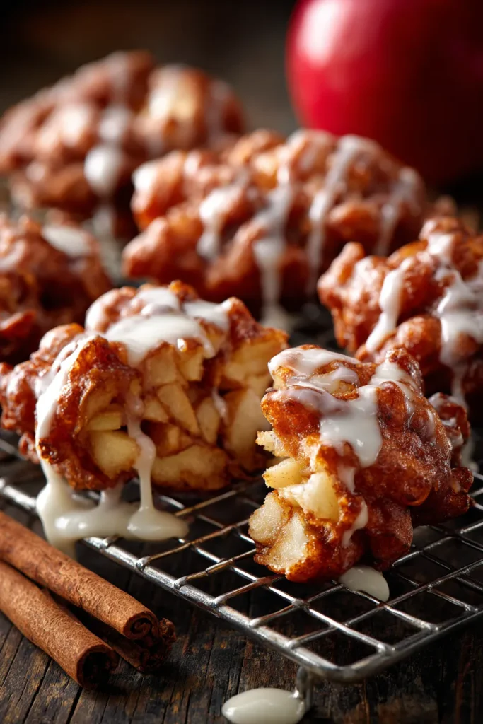 Golden keto apple fritters on a wire cooling rack with thick glaze
